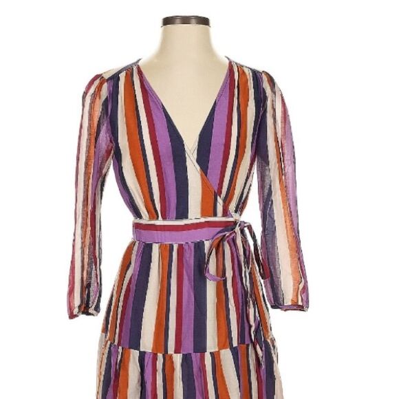 XIRENA Tilda Silk Cotton Blend Multi-Color Striped Long Sleeve Wrap Dress XS - Picture 5 of 12